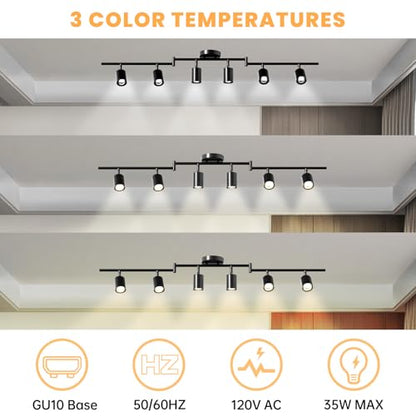 LED 6 Light Track Lighting Kit, 48" Black 6 Way Ceiling Spotlights Fixture, 3 CCT Adjustable, with Flexibly Rotatable Light Heads for Kitchen, Living Room, Bedroom, Includes 6 x GU10 Bulb - color: Black, size: 6
