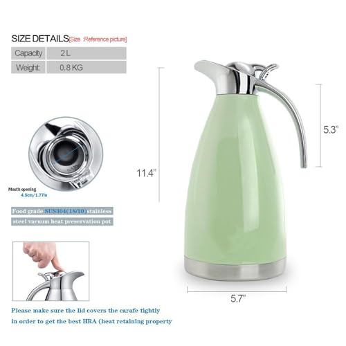 68 Oz Stainless Steel Thermal Carafe - Double Walled Vacuum Insulated Thermos/Carafe with Lid - Coffee/Tea Carafe Heat & Cold Retention - 2 Liter (Green) - color: Green