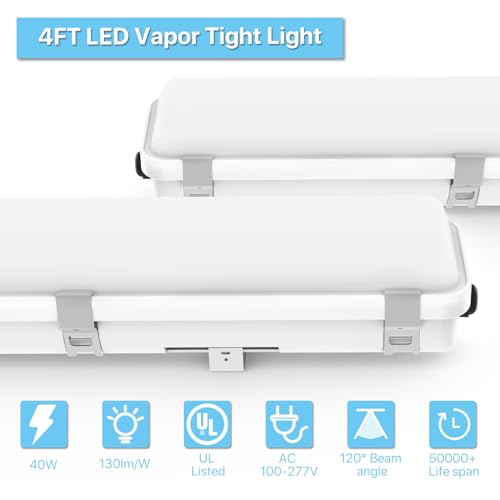 HYPERLITE 5 Pack 4FT LED Vapor Tight Light Fixture 40W Shop Lighting 5200LM 5000K Outdoor Waterproof LED Vapor Proof Light Fixture IP65 UL Approved 110-277Vac Input Voltage