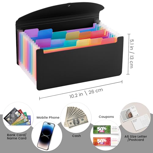13 Pocket A6 Receipt Organizer, 2 Pack Small Accordion File Organizer, Coupon Organizer with Labels - Black - color: Black