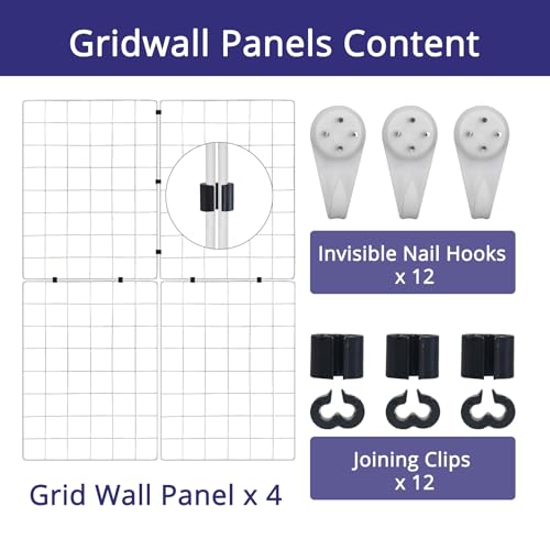 WELLCO Grid Wall Panels, 15.7" x 11.8" Portable Display Grid, Assembled with Extra Joining Clips and Hooks, 4 Pack, White - color: White, size: 15.7"x 11.8"(4pack)