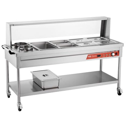 VEVOR Commercial Electric Food Warmer, 7 Pans + 2 Pots Steam Table, 1800W Professional Buffet Catering Food Warmer with Shield Undershelf Wheels, Stainless Steel Server for Party Restaurant