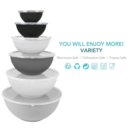 BoxedHome BPA Free Plastic Round Mixing Bowl with Lids, 12 Pack Nesting Bowls with Lids Set, Microwave and Dishwasher Safe Prep & Serving Bowls Great for Mixing, Baking, Serving (Grey, 12pcs) - color: Gray