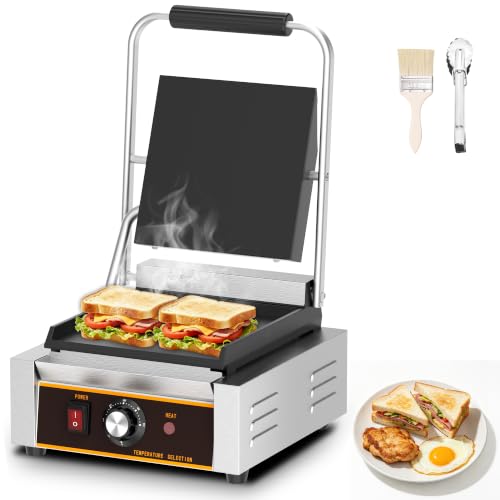 Commercial Panini Press - 1800W Electric Panini Sandwich Grill w/Nonstick Coating & Adjustable Temp, Stainless Steel, Panini Grill Press w/9"x9" Cooking Pan (Full Flat), Double-sided Heating - style: 9"x9" Smooth Plates