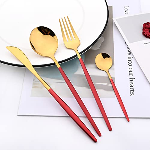 Mirror Cutlery Serving Set, 24-piece 18/0 Stainless Steel Silverware With Red Handle Simple & Modern Tableware For Home Party Restaurant Christmas Dinner, Service For 6 (Red Gold) - color: Red gold