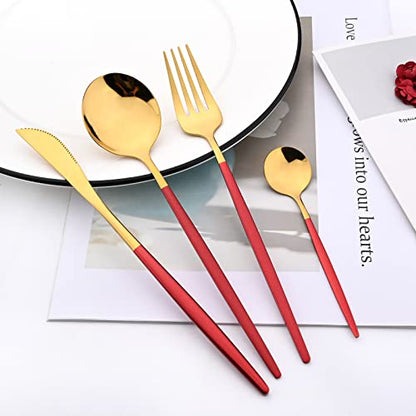 Mirror Cutlery Serving Set, 24-piece 18/0 Stainless Steel Silverware With Red Handle Simple & Modern Tableware For Home Party Restaurant Christmas Dinner, Service For 6 (Red Gold) - color: Red gold