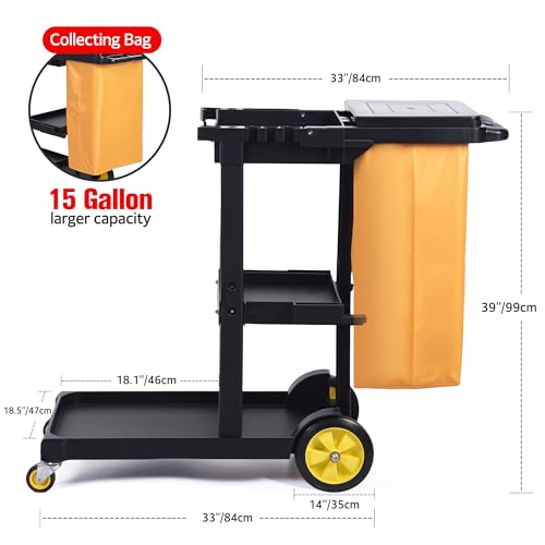 Matthew Commercial Traditional Cleaning Janitorial 3-Shelf Cart,500 Lbs Heavy Duty Capacity Housekeeping Cart,51"L x 21"W x 39"H,Wheeled with 25 Gallon Zippered Yellow Vinyl Bag and Cover w lid,Black