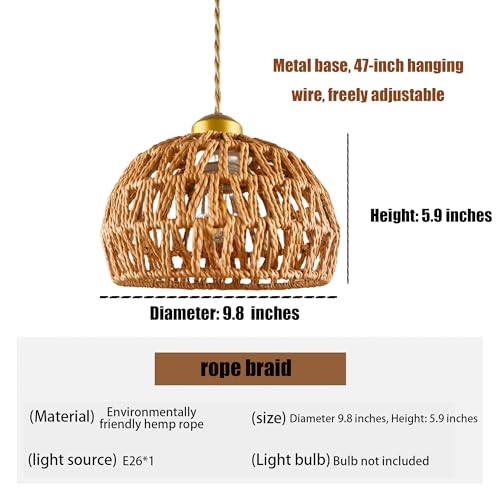 9.8" Large Dome Hemp Rope Pendant Light, E26 Gold Woven Kitchen Lamp - color: Basket Shape, size: 10 inch