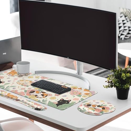 Britimes Keyboard Mouse Pad Set, 4 in 1 Desk Mat Set, Cute Floral Cat - color: Floral and Cat
