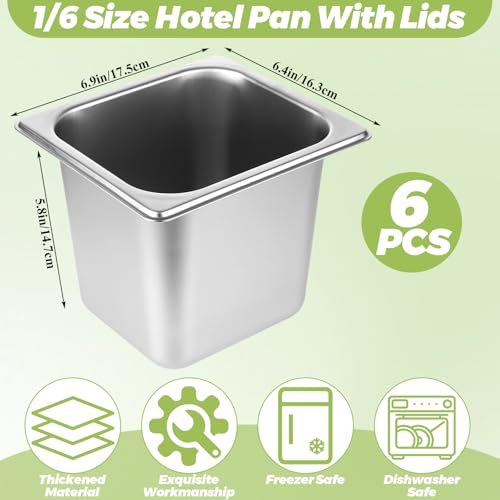 6 Set Stainless Steel Hotel Pans 1/6 Size 6 Inch Deep with Lids Steam Table Pans with Lids 1/6 Size 6 Inch Deep Stainless Steel Restaurant Pan Metal Food Pan with Lid for Hotel, Buffet, Home - size: 1/6 Size 6 Inch Deep