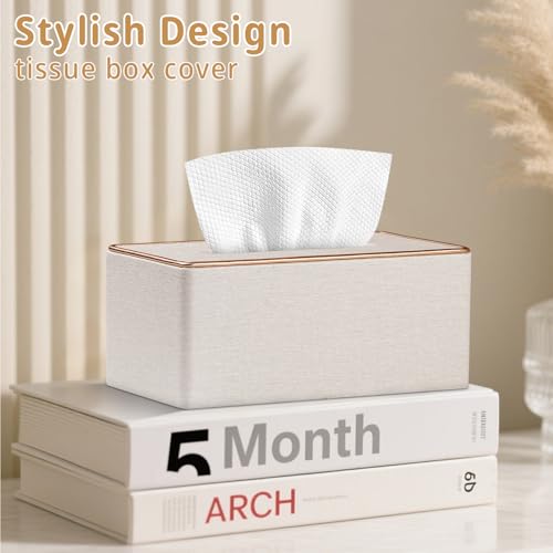 Linen Tissue Box Cover Rectangle,Aesthetic Facial Tissue Cube Box Holder - color: X-beige Linen Texture