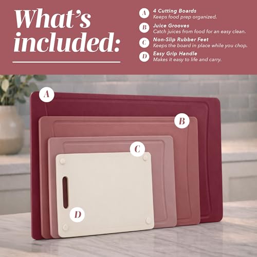 COOK WITH COLOR Non-Slip Cutting Board Set – Kitchen Essentials with Easy Grip Handle for Meat, Veggies, and Fruits, 4 Cutting Boards, Rose - color: Rose, size: 4 Cutting Boards