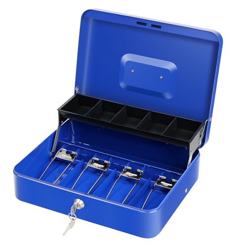 Cash Box with Lock Key and Money Tray, Large Money Box for Cash Register - color: Blue