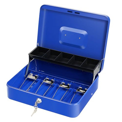 Cash Box with Lock Key and Money Tray, Large Money Box for Cash Register - color: Blue