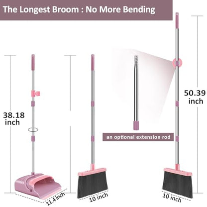 Broom and Dustpan Set for Home, Office, Indoor&Outdoor Sweeping, Stand Up Broom and Dustpan (Pink) - color: Pink