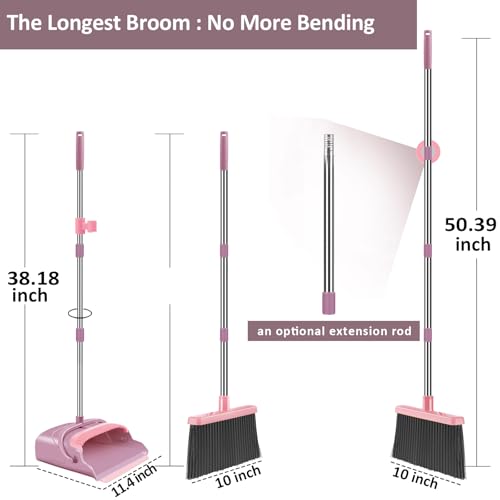 Broom and Dustpan Set for Home, Office, Indoor&Outdoor Sweeping, Stand Up Broom and Dustpan (Pink) - color: Pink