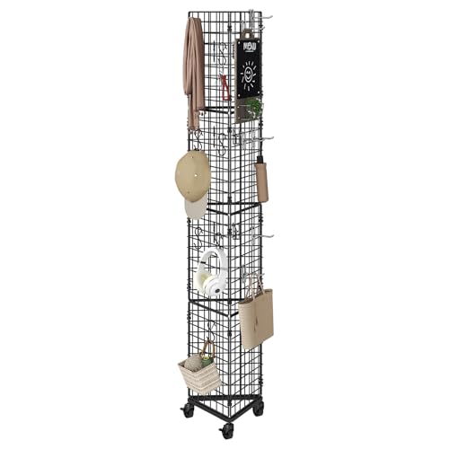 MAHANCRIS Triangular Gridwall Panel with Wheels, 3-Sided Display Stand for Vendor Events with 20 Hooks, Rolling Grid Wall Stand for Trade Shows, Retail Stores, Home Organization, Black GPBK3001