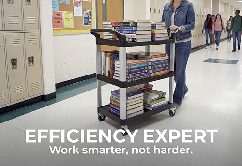 Commercial Heavy-Duty Utility Service Cart | 3 Shelf | | 450 Lbs Max Capacity | Rolling Utility Cart W 33" x H 37" x D 16" Black