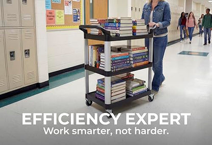 Commercial Heavy-Duty Utility Service Cart | 3 Shelf | | 450 Lbs Max Capacity | Rolling Utility Cart W 33" x H 37" x D 16" Black