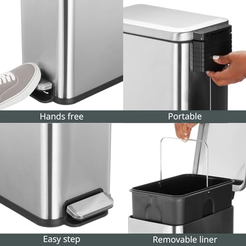 mDesign Slim Metal Rectangle 7.9 Gallon Trash Can with Step Pedal, Easy-Close Lid, Removable Liner - Narrow Wastebasket Garbage Container Bin for Bathroom, Bedroom, Kitchen, Office - Brushed Chrome - color: Brushed, size: 7.9 Gallon
