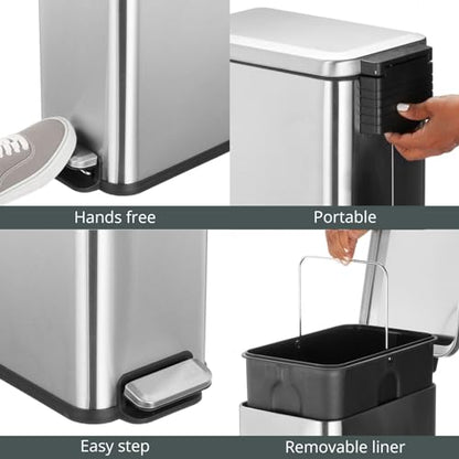 mDesign Slim Metal Rectangle 7.9 Gallon Trash Can with Step Pedal, Easy-Close Lid, Removable Liner - Narrow Wastebasket Garbage Container Bin for Bathroom, Bedroom, Kitchen, Office - Brushed Chrome - color: Brushed, size: 7.9 Gallon