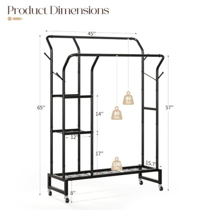Yoobure Double Rods Clothes Rack - Portable Clothing Rack with Wheels, Rolling Garment Rack with 3-Tier Shelves & 4 Hooks, Freestanding Clothing Racks for Hanging clothes