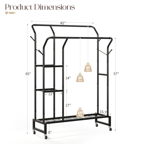 Yoobure Double Rods Clothes Rack - Portable Clothing Rack with Wheels, Rolling Garment Rack with 3-Tier Shelves & 4 Hooks, Freestanding Clothing Racks for Hanging clothes