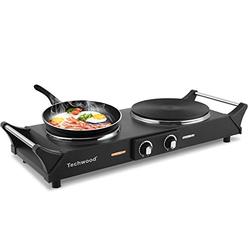 Techwood 1800W Hot Plate Portable Electric Stove Countertop Double Burner with Adjustable Temperature & Stay Cool Handles, 7.5” Cooktop for RV/Home/Camp, Compatible for All Cookwares - color: Black, size: Double Burner