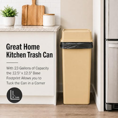 23 Gallon Beige Square Plastic Kitchen Trash Can with Drop Lid - color: Beige