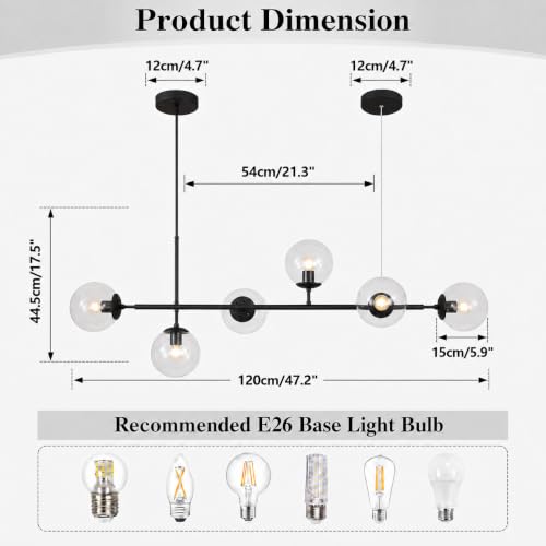 KCO 6-Light Black Linear Sputnik Chandelier Clear Glass Globe Pendant Light - color: Black+Clear