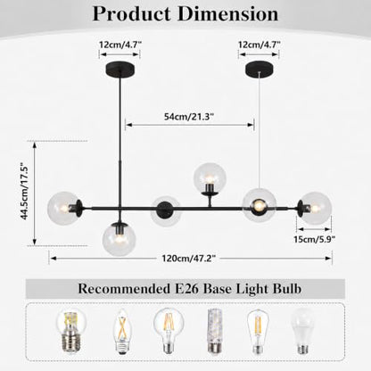 KCO 6-Light Black Linear Sputnik Chandelier Clear Glass Globe Pendant Light - color: Black+Clear
