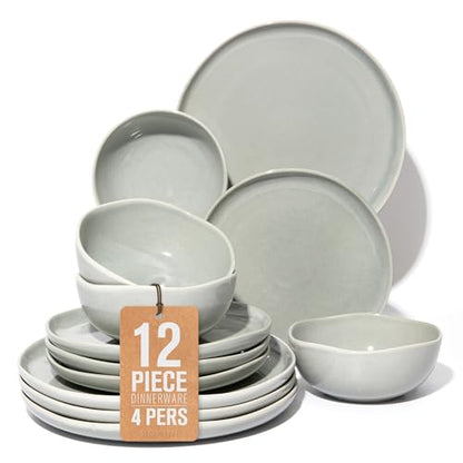 Pokini Stoneware Dinnerware Sets for 4, 12Pcs Ceramic Plates and Bowls Sets - color: Dusty Green, size: Set (12pcs)