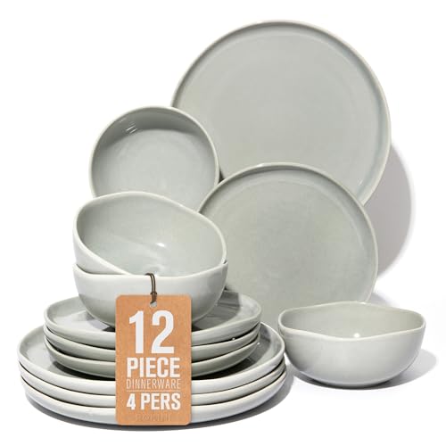 Pokini Stoneware Dinnerware Sets for 4, 12Pcs Ceramic Plates and Bowls Sets - color: Dusty Green, size: Set (12pcs)