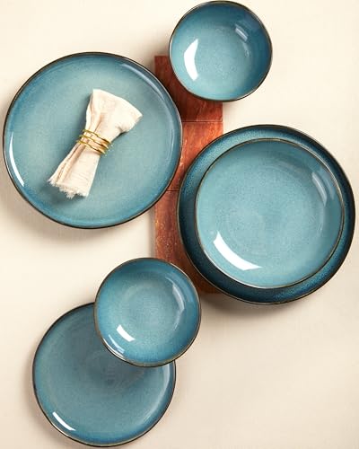 Pokini Stoneware Dinnerware Sets for 12, 36Pcs Ceramic Plates and Bowls Set - color: Green Black, size: Set (36pcs)