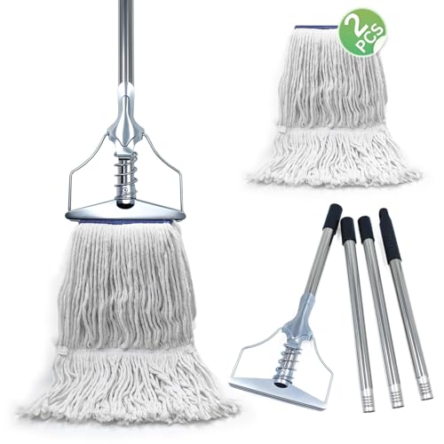 59" Commercial String Mop System, 7" Heavy Duty Metal Frame Wet Mop, 2 Machine Washable Looped-End Heads, Industrial Janitorial Supplies for Warehouse & Gym (59" Mop Kit with 2 Heads)
