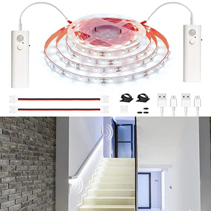 WOBANE 16.4ft Dual Motion Sensor Stair Lights Strip, Rechargeable LED Strip - color: White, size: 16.4ft White
