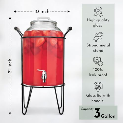 3 Gallon Glass Ice Cold Beverage Dispenser - With Glass Lid and Handle Drink Dispenser With Metal Stand, 100% Leak Proof Spigot- Wide Mouth Easy Filling For Outdoor, Parties & Daily Use - color: Clear Stand-3 Gallon