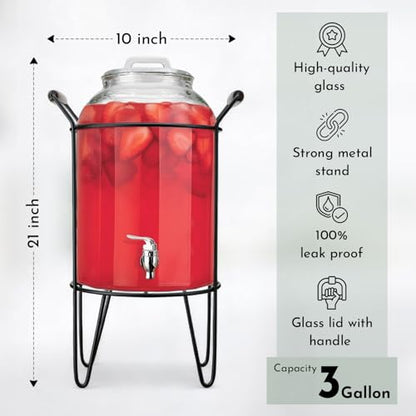 3 Gallon Glass Ice Cold Beverage Dispenser - With Glass Lid and Handle Drink Dispenser With Metal Stand, 100% Leak Proof Spigot- Wide Mouth Easy Filling For Outdoor, Parties & Daily Use - color: Clear Stand-3 Gallon