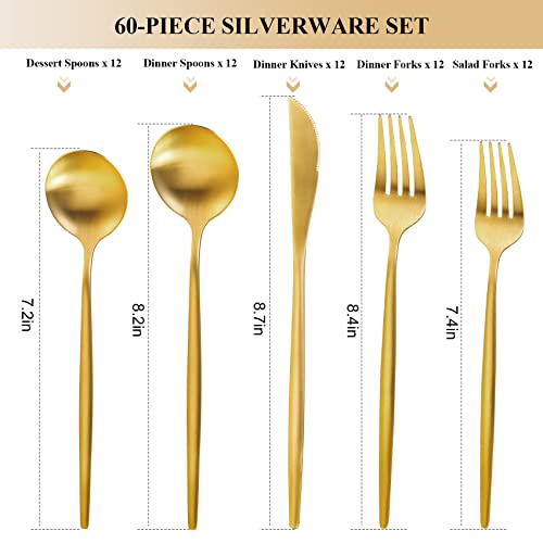 MIKIWAY 60-Piece Stainless Steel Flatware Set, Matte Golden Cutlery, Includes Spoons, Forks, Dishwasher Safe - color: Gold