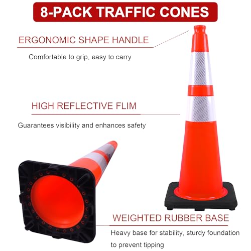 OrangeStar 28 Inch Orange Traffic Cones 8-Pack, Heavy Duty PVC Safety Cones - color: Orange, size: 28in