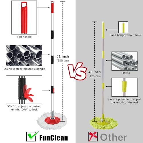 FunClean Large Spin Mop Bucket Set with Wringer, 2 Gal Capacity, Black - size: Large - 6 Mop Heads - Black
