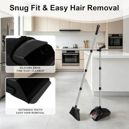 TNELTUEB Broom and Dustpan Set, 51" Long Handle Broom with Built-in Comb - color: Black, size: Standard