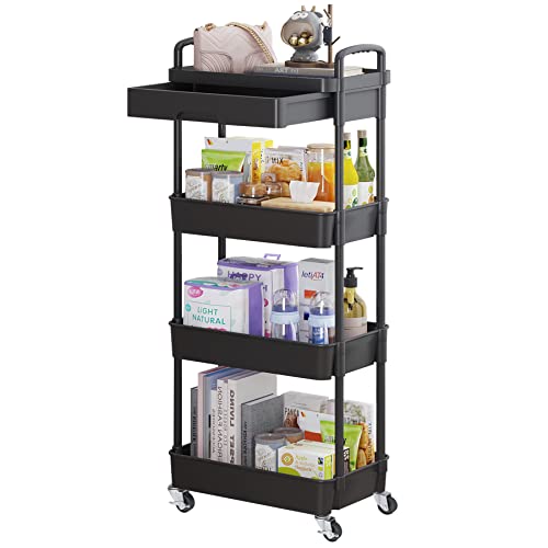 Calmootey 4-Tier Utility Cart with Drawer & Wheels, Storage for Home,Office - color: Black, size: 4-Tier