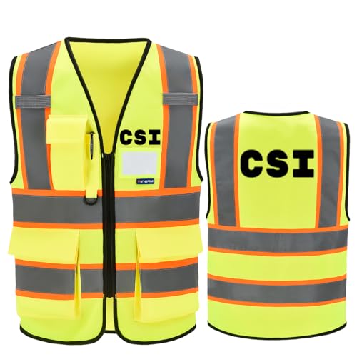 AYKRM Security Vest for Men Women 7 Pockets High Visibility Reflective Safety Vest Front Zipper Meets ANSI/ISEA - color: Yellow-csi, size: Small