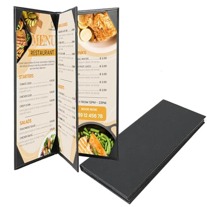 Restaurant Menu Covers Holders 4.25" x 11" Synthetic Leather Triple Fold Panels 4 View Angled Corners Black for Wine List,Drinks,Coffee,Cocktail(1 Pack, 4 Views, 4.25 x 11 inch) - size: 4.25 x 11 inch (4 views/ 1 pack)