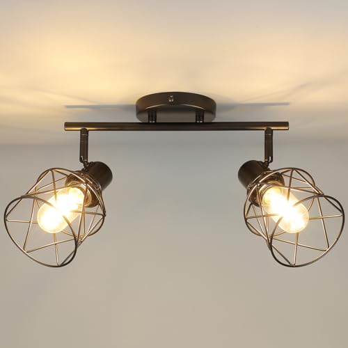 WILON Industrial Track Lighting Fixtures Ceiling, 2 Light Kitchen Ceiling Light Rotatable Spotlight Fixtrues E26 Base Wall Light Fixture, Black Flush Mount Light for Kitchen Hallway Entryway - color: Black, size: 2-Light-Cage