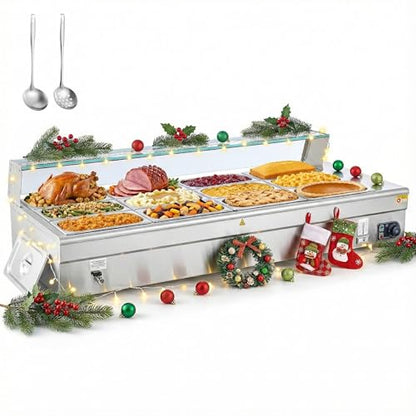 WILPREP 12-Pan Commercial Food Warmer with Sneeze Guard, Twelve 1/3 Pans, 1500W Countertop Electric Steam Table, 86-185°F Adjustable Temp Control, Stainless Steel Buffet Bain Marie - size: 1/2 pan*12