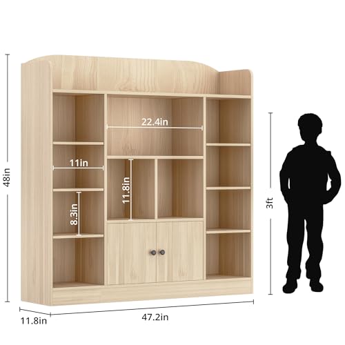 DIYART Oak Kids Bookshelf, Kids Bookcase with 11 Cubbies and 2 Cabinets, Freestanding Book Storage Shelves for Bedroom, Playroom, Hallway, 47.2" W x 48" H - color: Oak, size: 47"W x 48"H