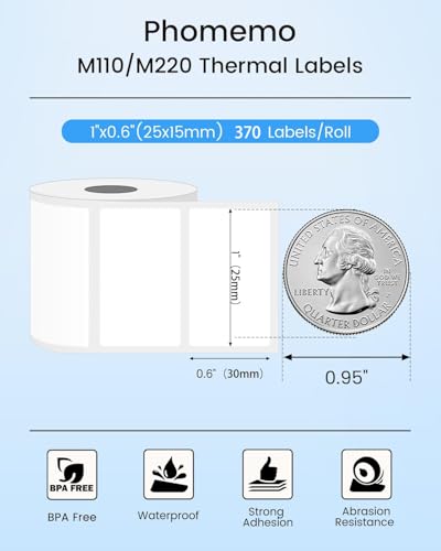 Phomemo M110 Labels- 370 Pcs for M110/M100/M220/M221/M108/M250/M260 Label Printer, 0.98" X 0.59"(25x15mm), Small Address Label,Home, Office - size: 0.98" x 0.59"