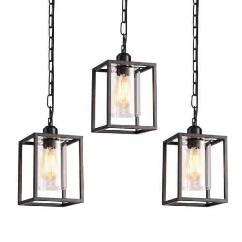 3 Pack Farmhouse Pendant Light,Black Metal Frame Hanging Light Fixture with Clear Glass Shade, Adjustable Chains Industrial Mini Pendant Lighting for Kitchen Island Entryway Porch Foyer - color: 3 Pendant light